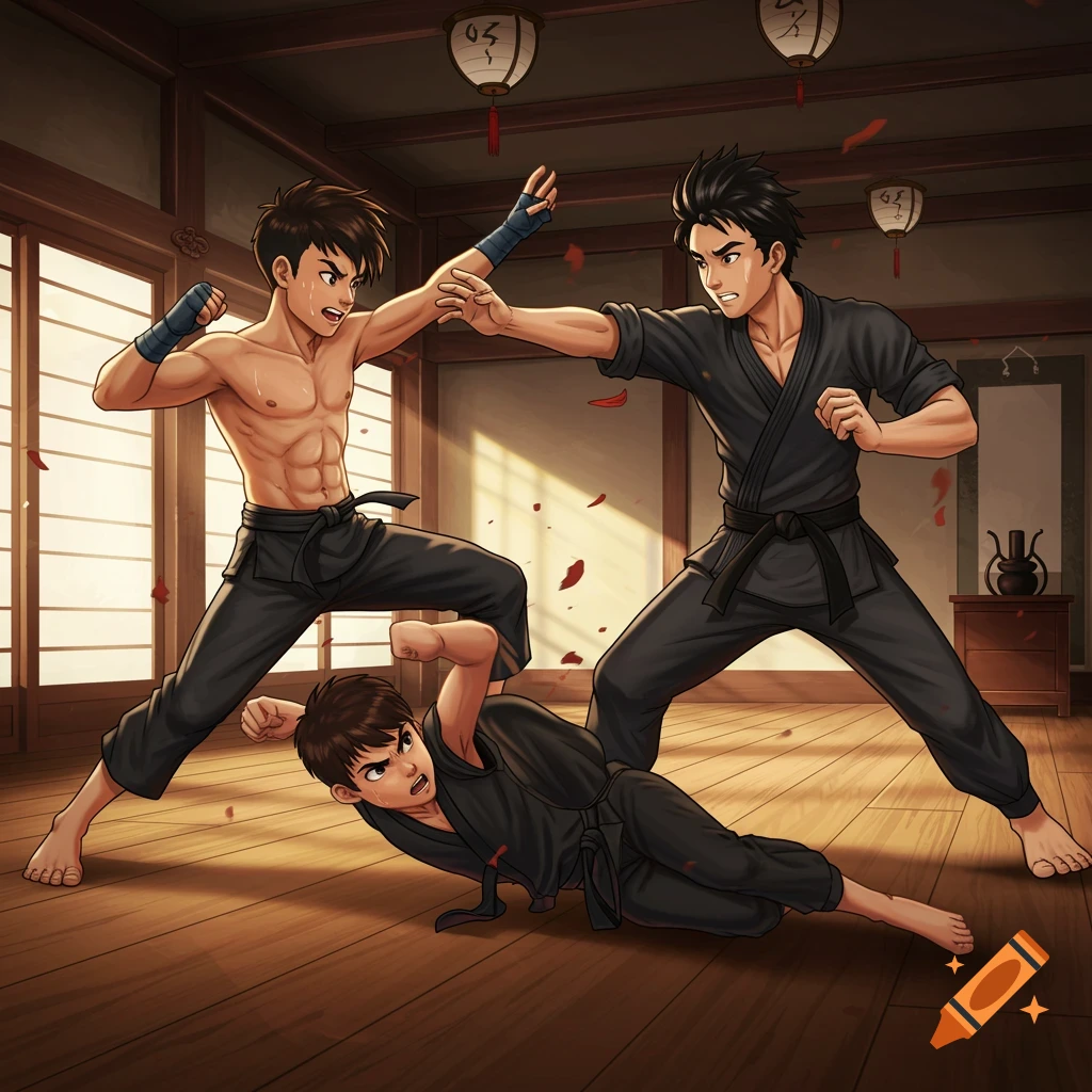 Anime illustration of three young men practicing martial arts in a dojo, one shirtless, as petals fall.