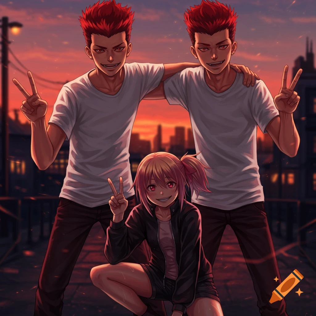 Three anime-style young people posing at sunset. Two red-haired boys in white T-shirts stand behind a crouching girl with pink hair in a black jacket and shorts. All three are grinning and making peace signs.