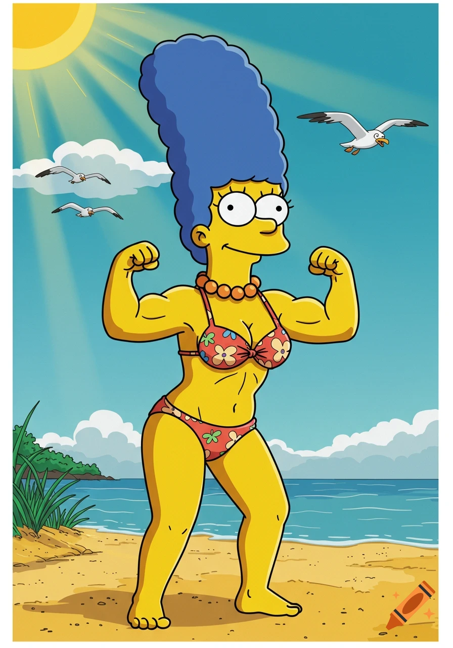 Marge Simpson flexing her muscular arms in a floral bikini on a sunny beach with seagulls, in The Simpsons cartoon style.