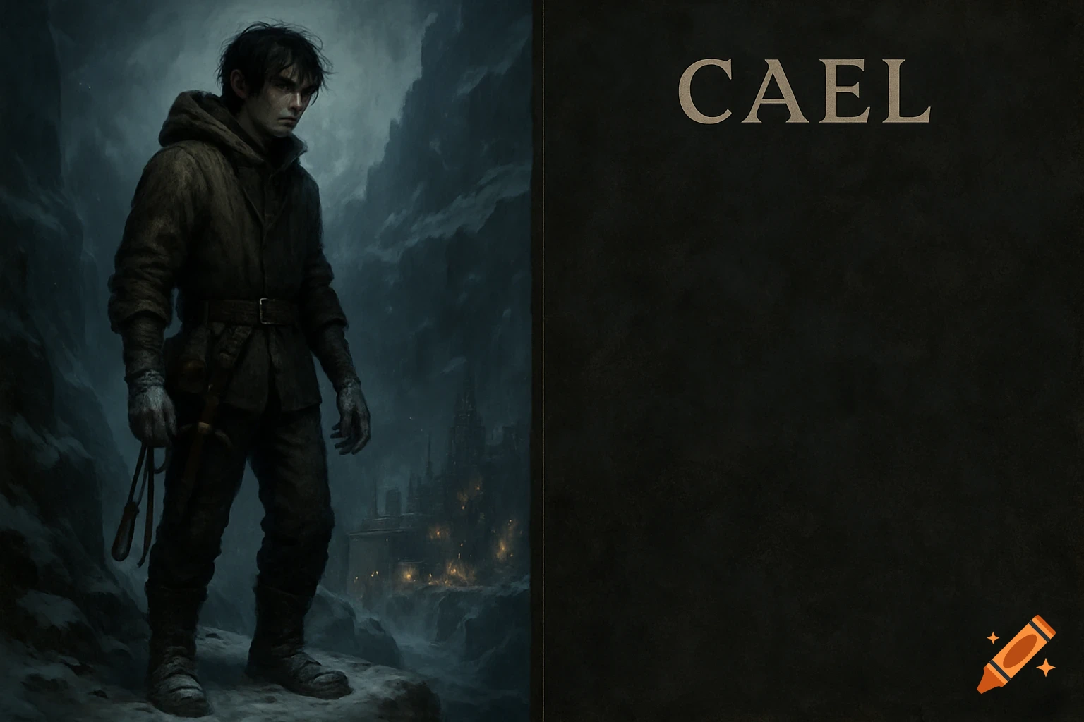 A dark fantasy character, Cael, stands on a snow-covered cliff edge overlooking an industrial mining city under a stormy sky. Digital painting.