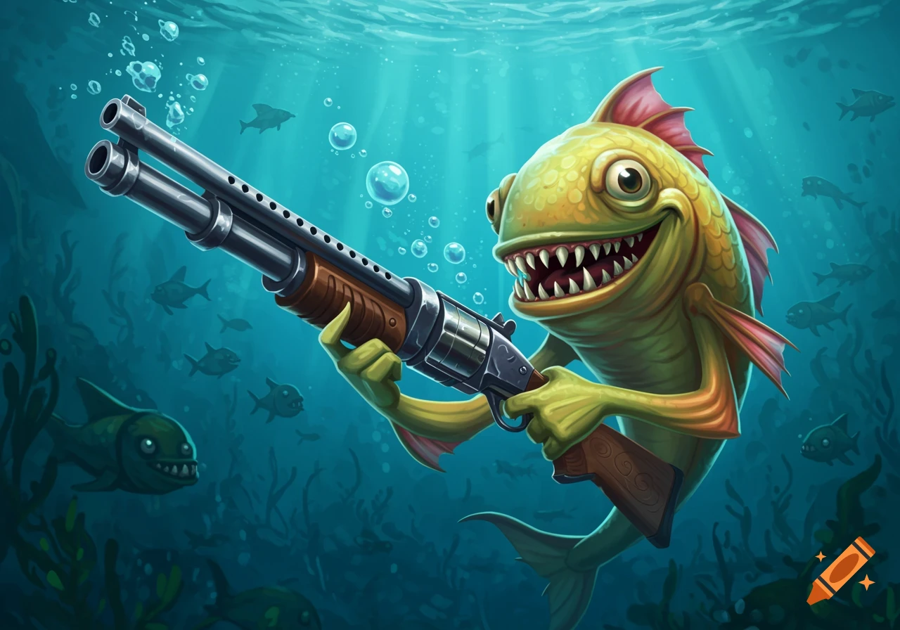 A cartoonish green fish with big teeth and an evil grin holds a shotgun underwater, surrounded by bubbles and other fish.