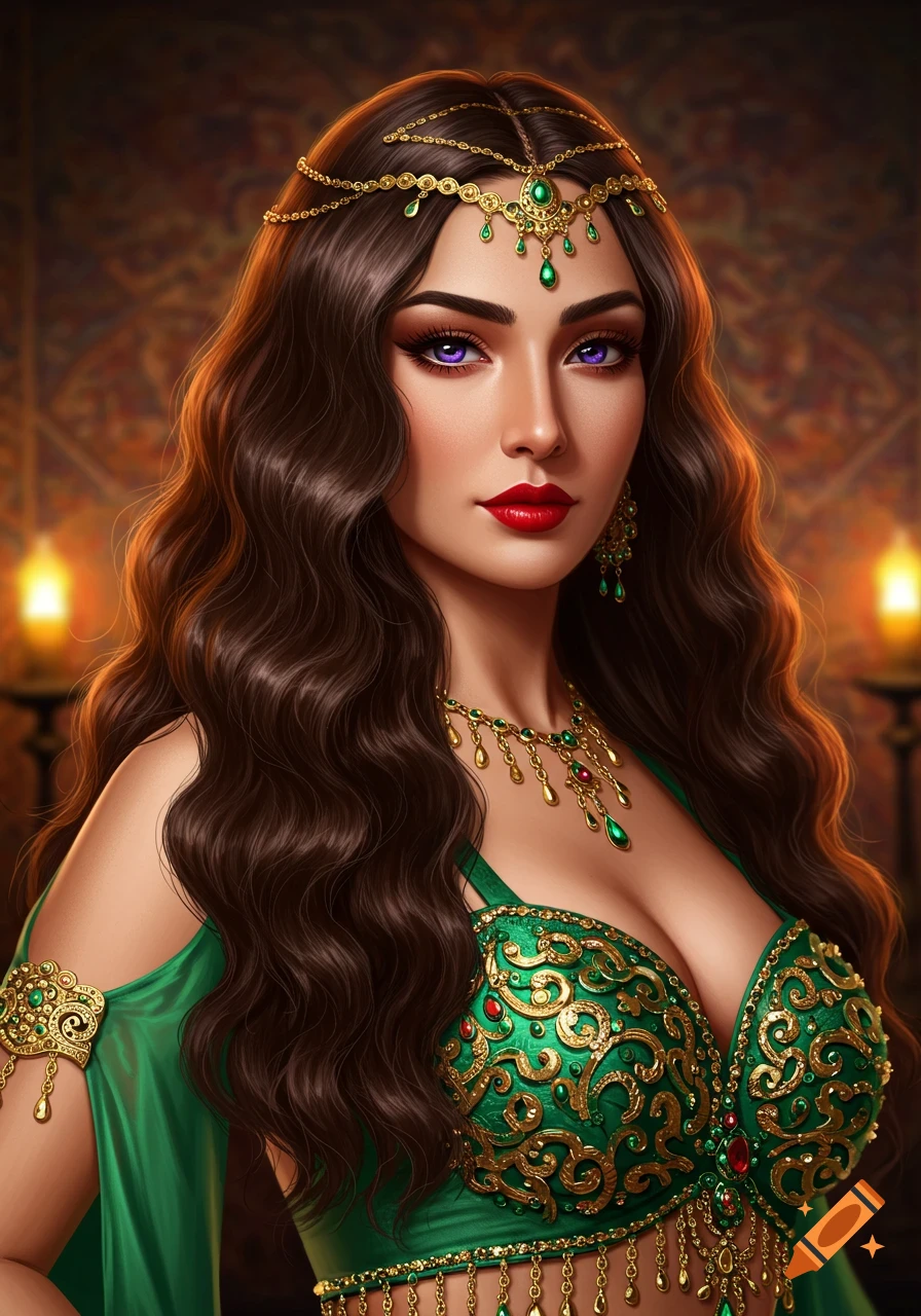 A beautiful woman with long brown hair, purple eyes, and red lips, wearing a detailed green and gold belly dancer outfit with jewelry. Stylized digital painting.