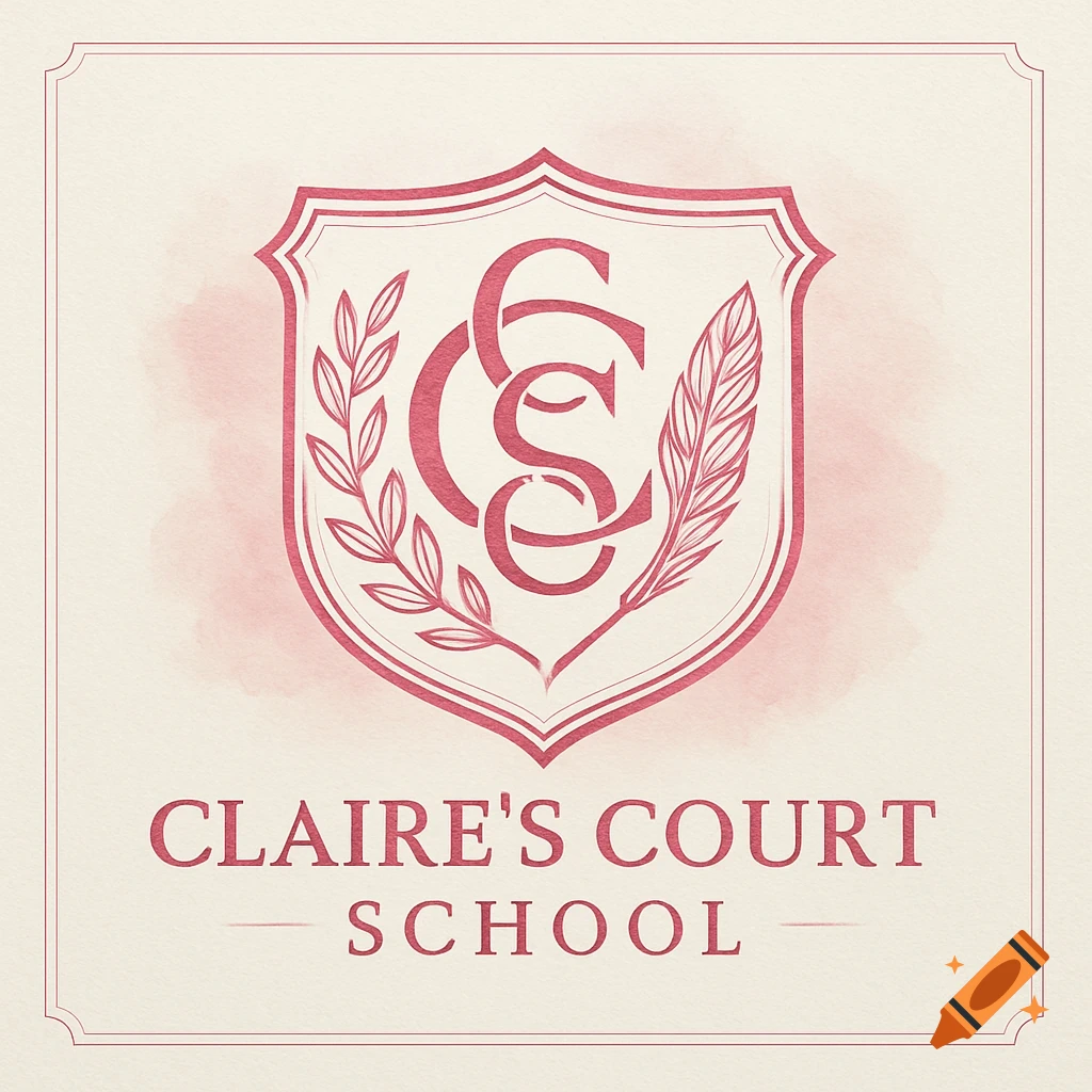 A preppy pink logo for Claire's Court School, featuring a shield with CCS initials, a laurel, and a quill.