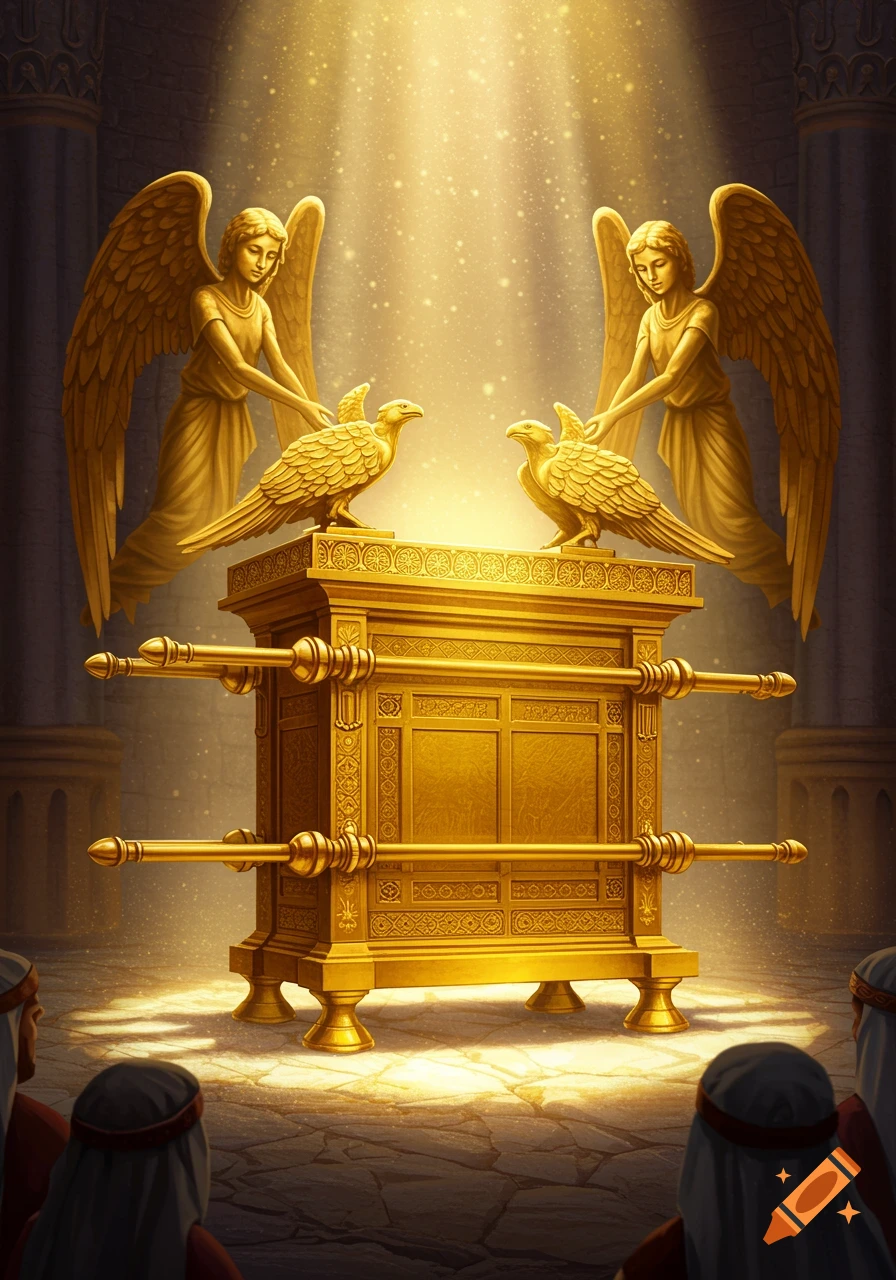 A radiant golden Ark of the Covenant with two winged cherubim on top, bathed in divine light within a temple.
