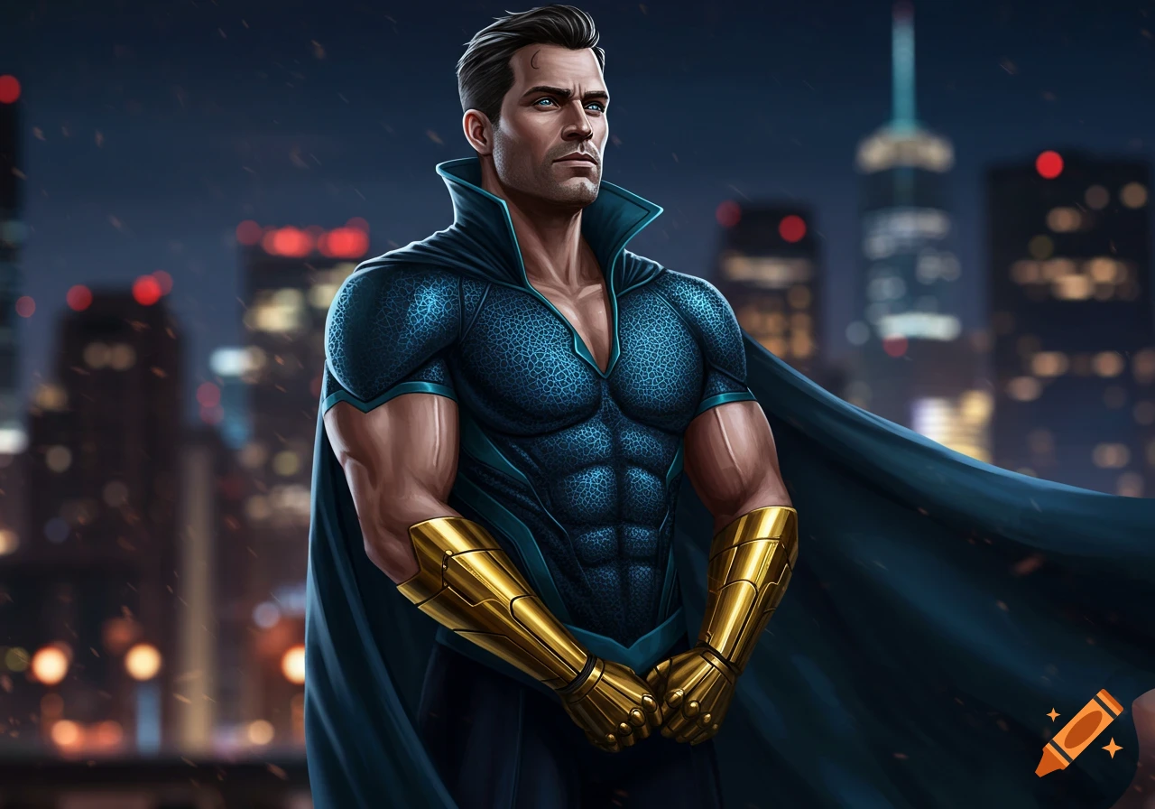 A muscular male superhero in a dark blue textured suit with gold gauntlets and a cape, standing against a blurred city night background.