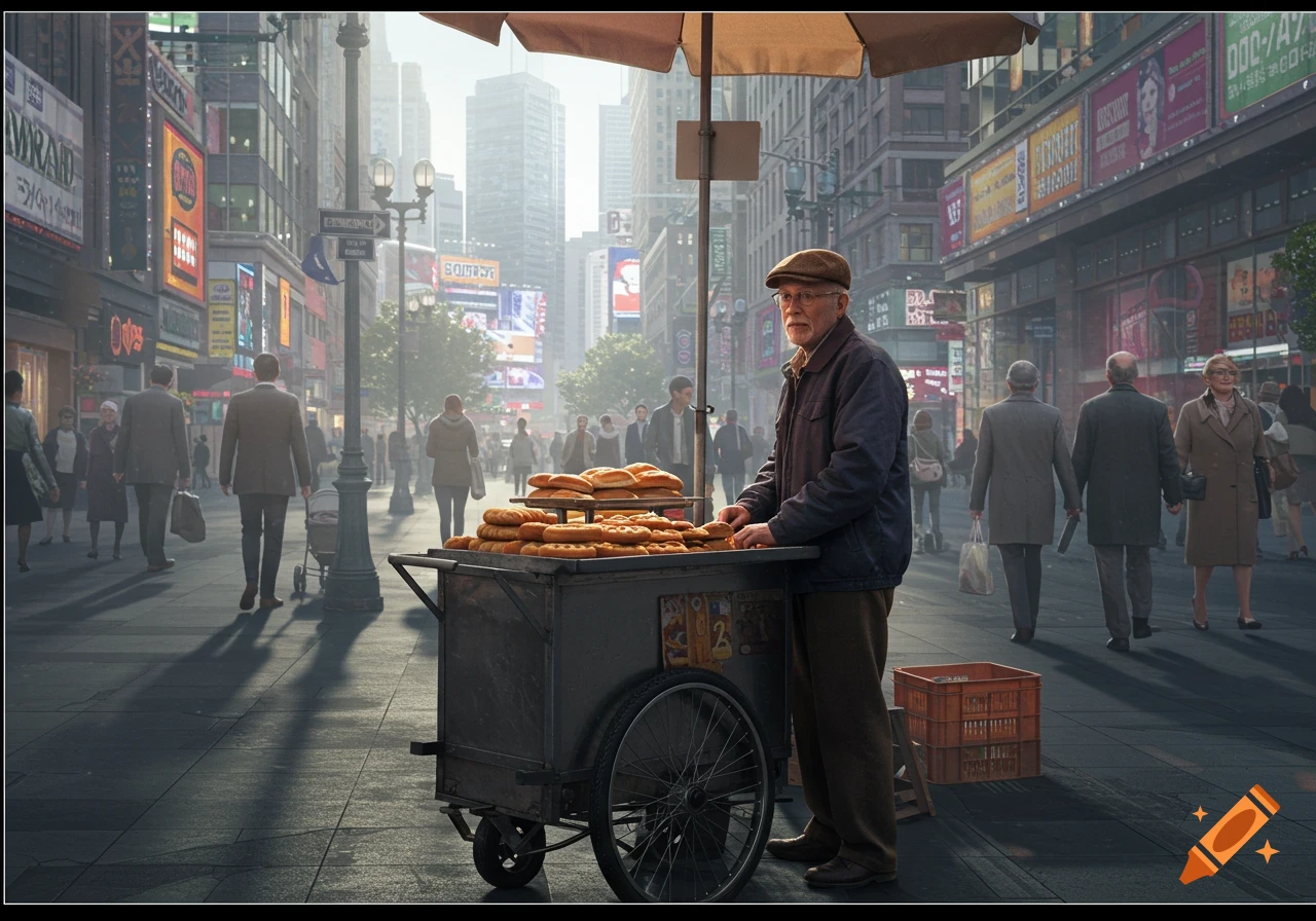 A photorealistic image of an elderly man selling bread from a cart on a busy city street with tall buildings and signs.