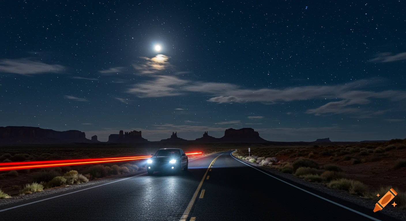 A photorealistic night shot of a black car driving on a desert road under a full moon and starry sky, with red light trails.