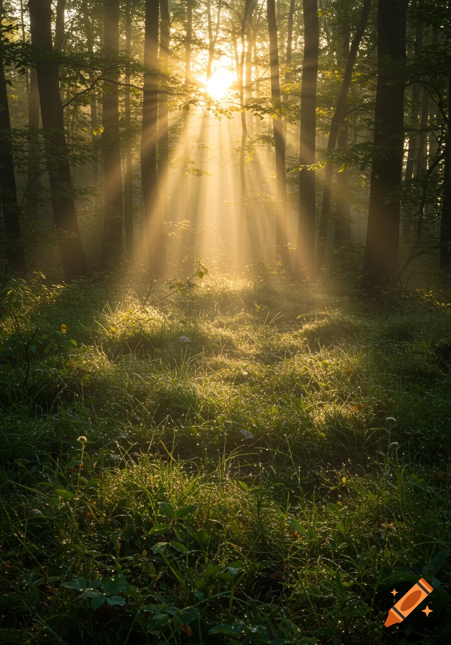 Sunbeams pierce through a misty forest, illuminating dew-covered grass on the forest floor.