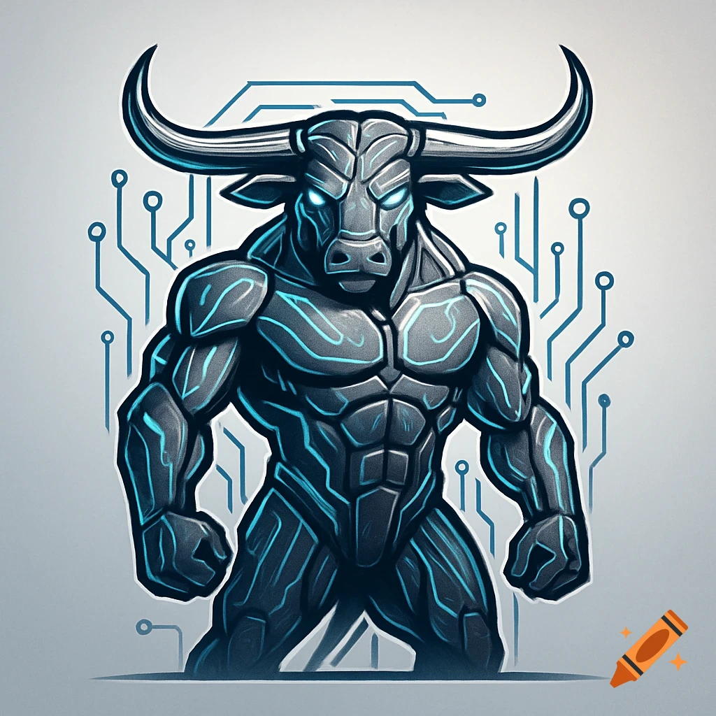 A stylized, muscular dark bull or minotaur with glowing blue lines, standing against a background of circuit board patterns.