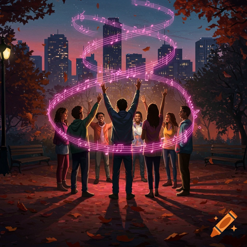 A diverse group of young people raise their hands in joy in a park at dusk, surrounded by glowing pink musical notes above a city skyline. Illustrative.