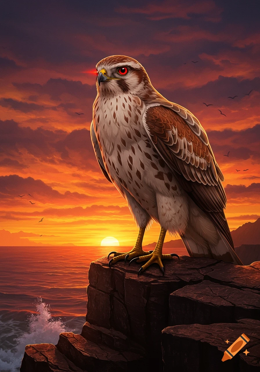 A fierce hawk with glowing red eyes perches on a cliff overlooking a vibrant ocean sunset.
