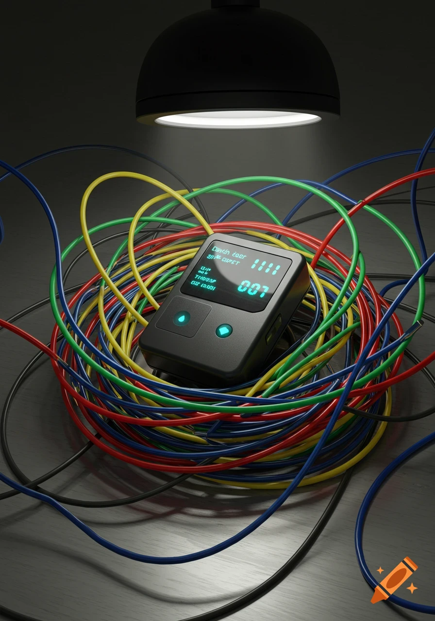 A black GPS tracker with a blue digital display, surrounded by a coil of tangled red, blue, green, and yellow wires, under a dark lamp.