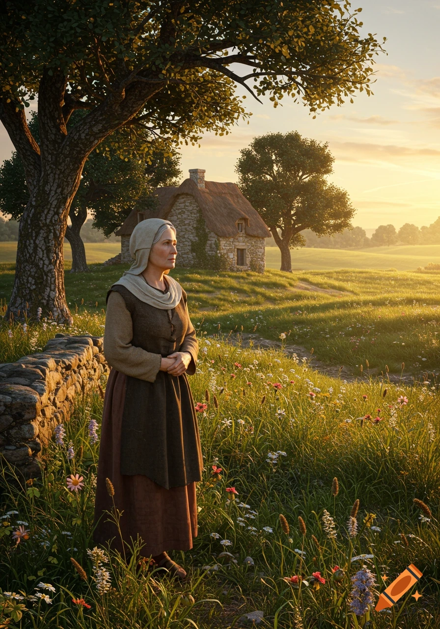 An older woman in traditional attire stands in a sunlit meadow with a thatched-roof cottage and trees in the background, in a painterly style.