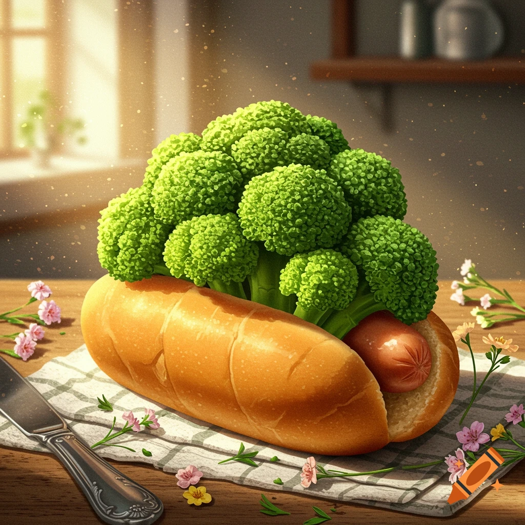 A photorealistic image of a hot dog bun filled with green broccoli florets and a hot dog, on a checkered napkin with small flowers on a wooden table.