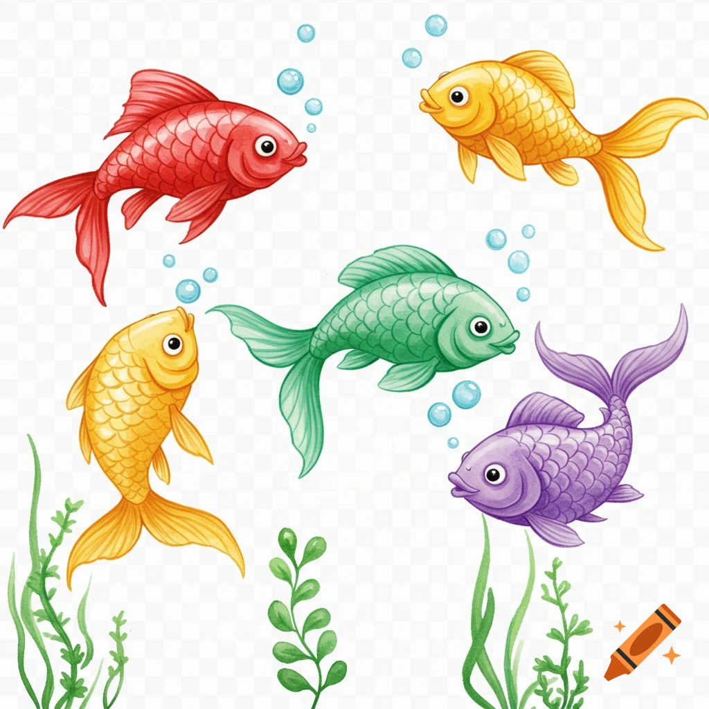 Five colorful whimsical watercolor fish swim among green plants and bubbles on a transparent background.
