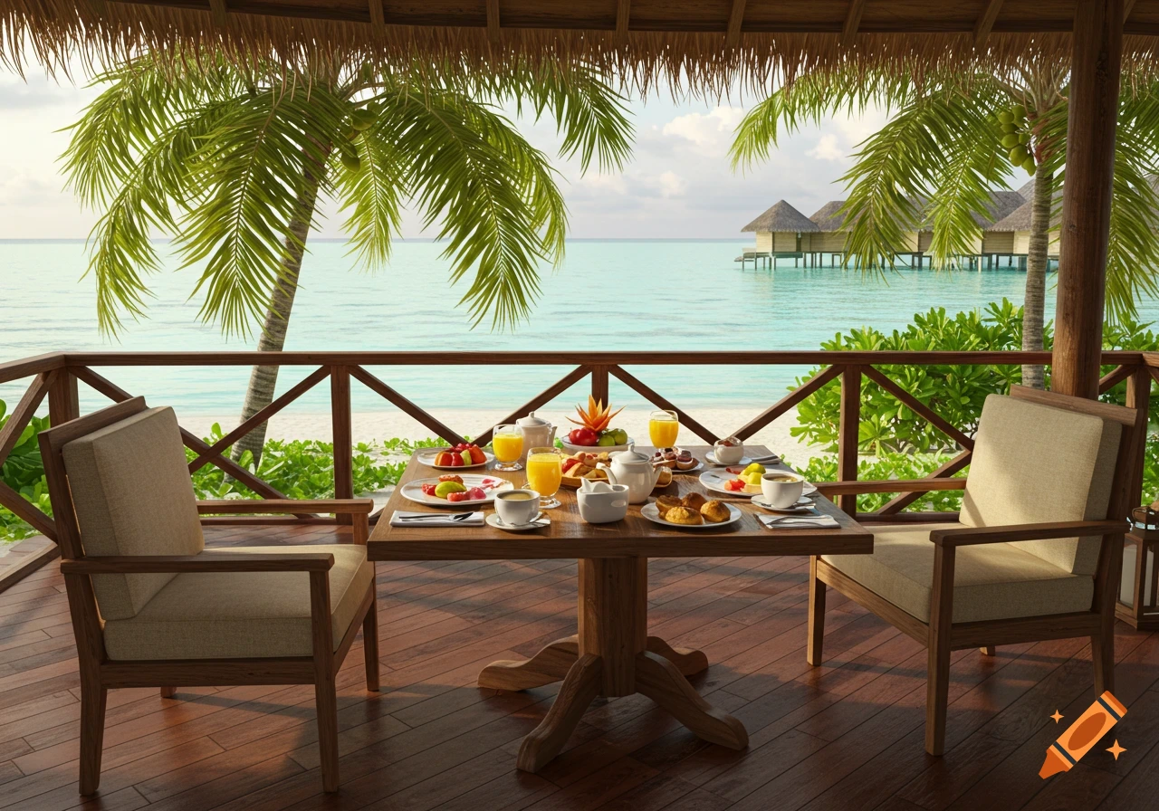 A luxurious breakfast spread on a wooden balcony overlooking a tropical beach with palm trees and ocean bungalows.