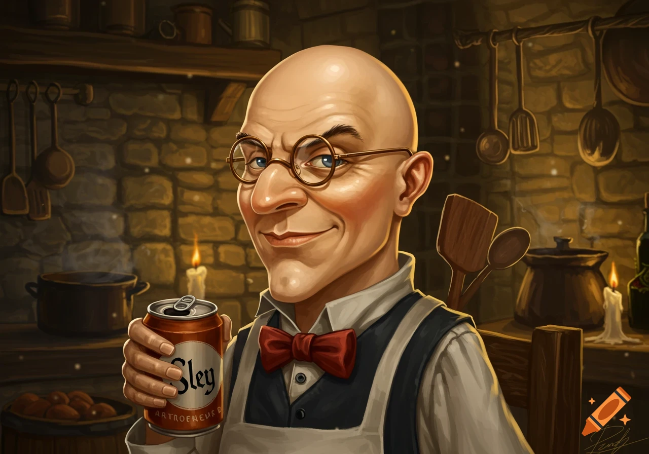 Cartoonish illustration of a smiling bald man with round glasses and a red bow tie holding a can in a rustic kitchen.