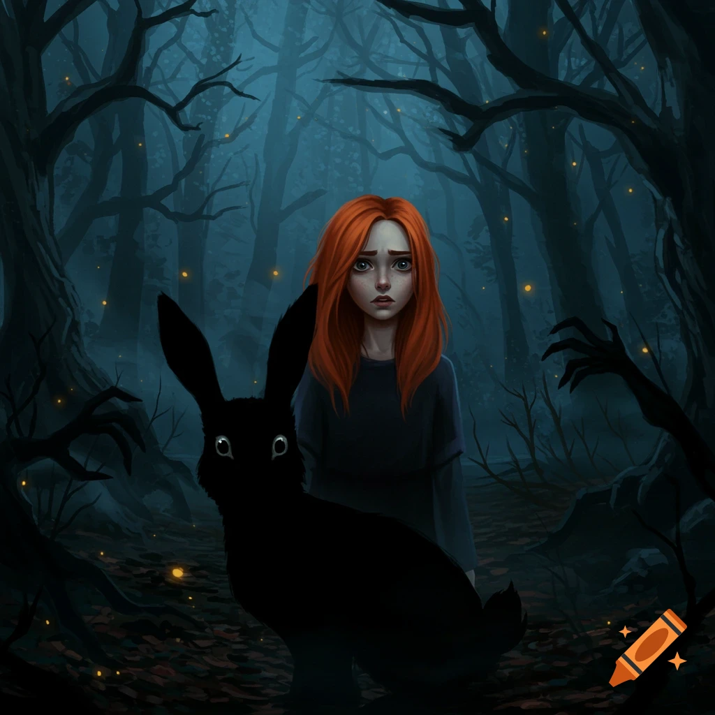 A scared red-haired girl with a black rabbit in a dark, spooky forest with shadowy hands reaching from the trees, illustration.
