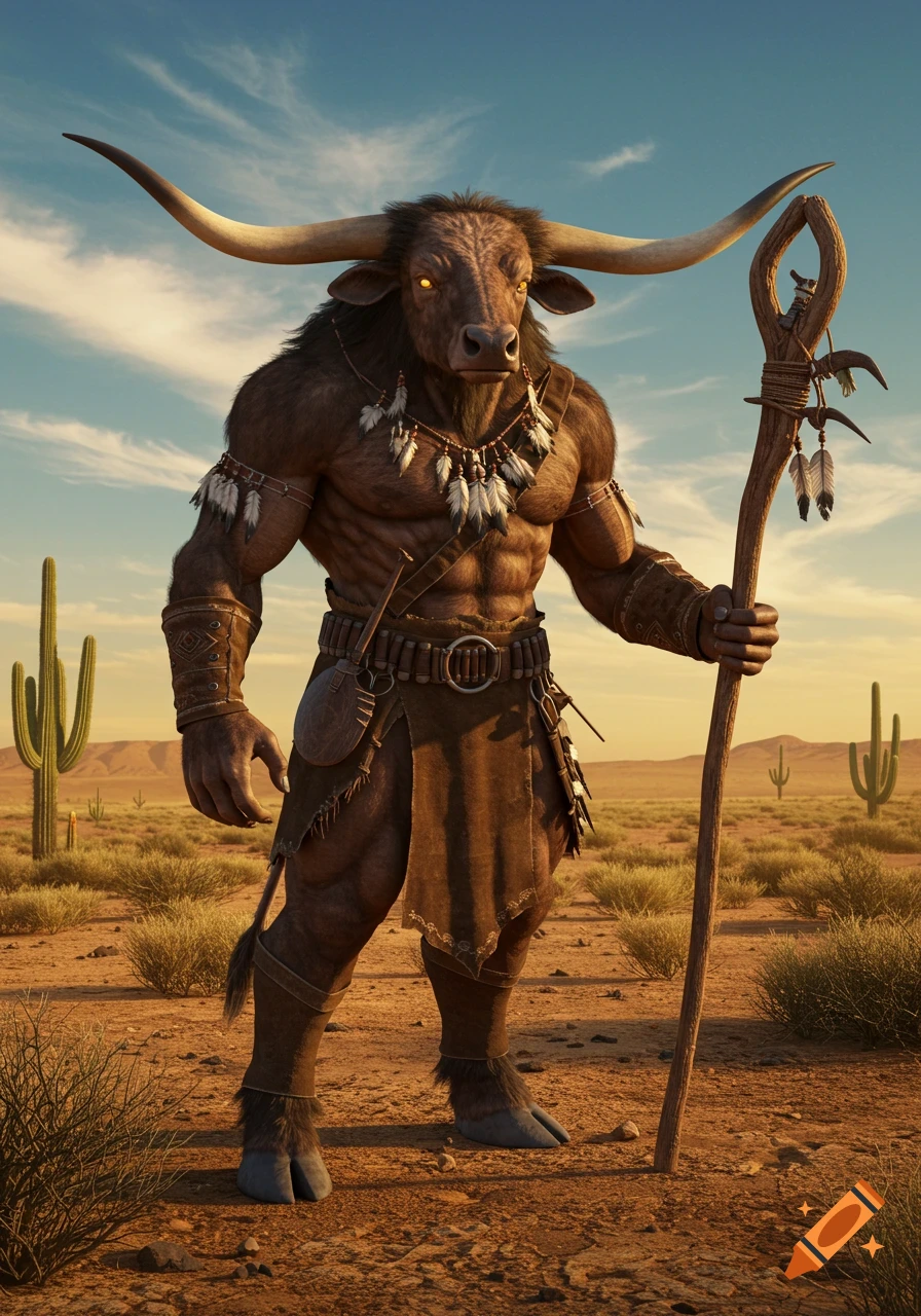 A photorealistic minotaur with longhorns, muscular and dressed in tribal attire, stands in a desert with saguaro cacti.
