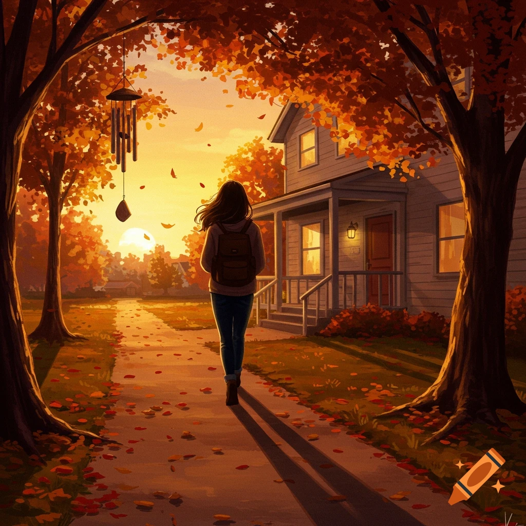 An illustrated scene of a person with a backpack walking on a path lined with autumn trees and fallen leaves towards a house at sunset.