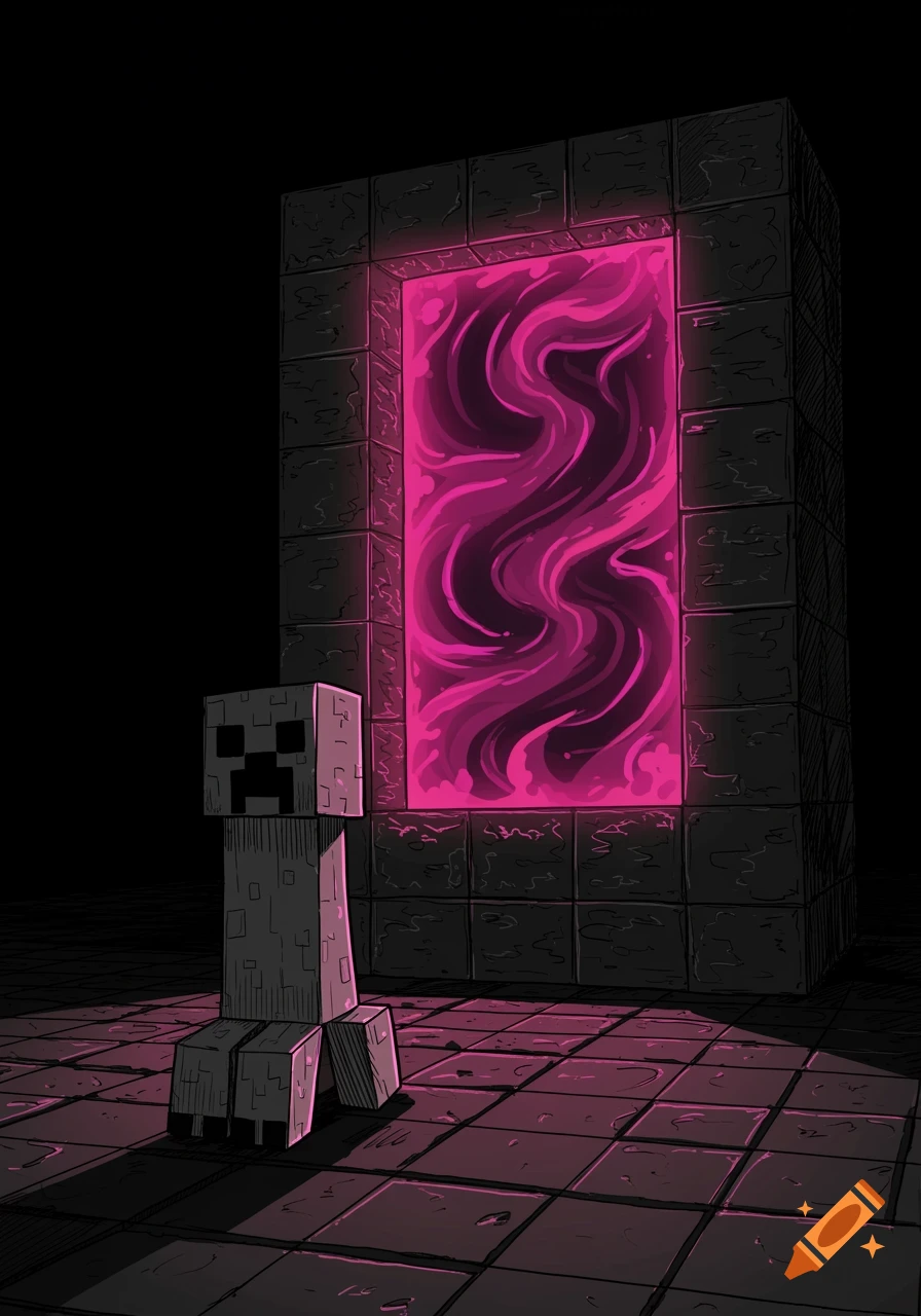A line drawing of a Minecraft creeper standing in front of a glowing pink nether portal on a dark tiled floor.
