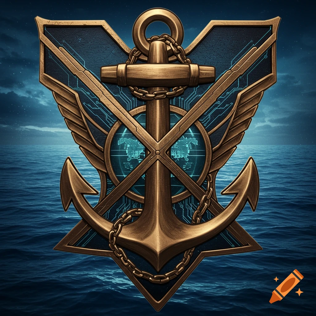 A bronze nautical anchor emblem with chains, set against a dark blue shield with glowing circuit patterns, over a turbulent ocean and cloudy sky.