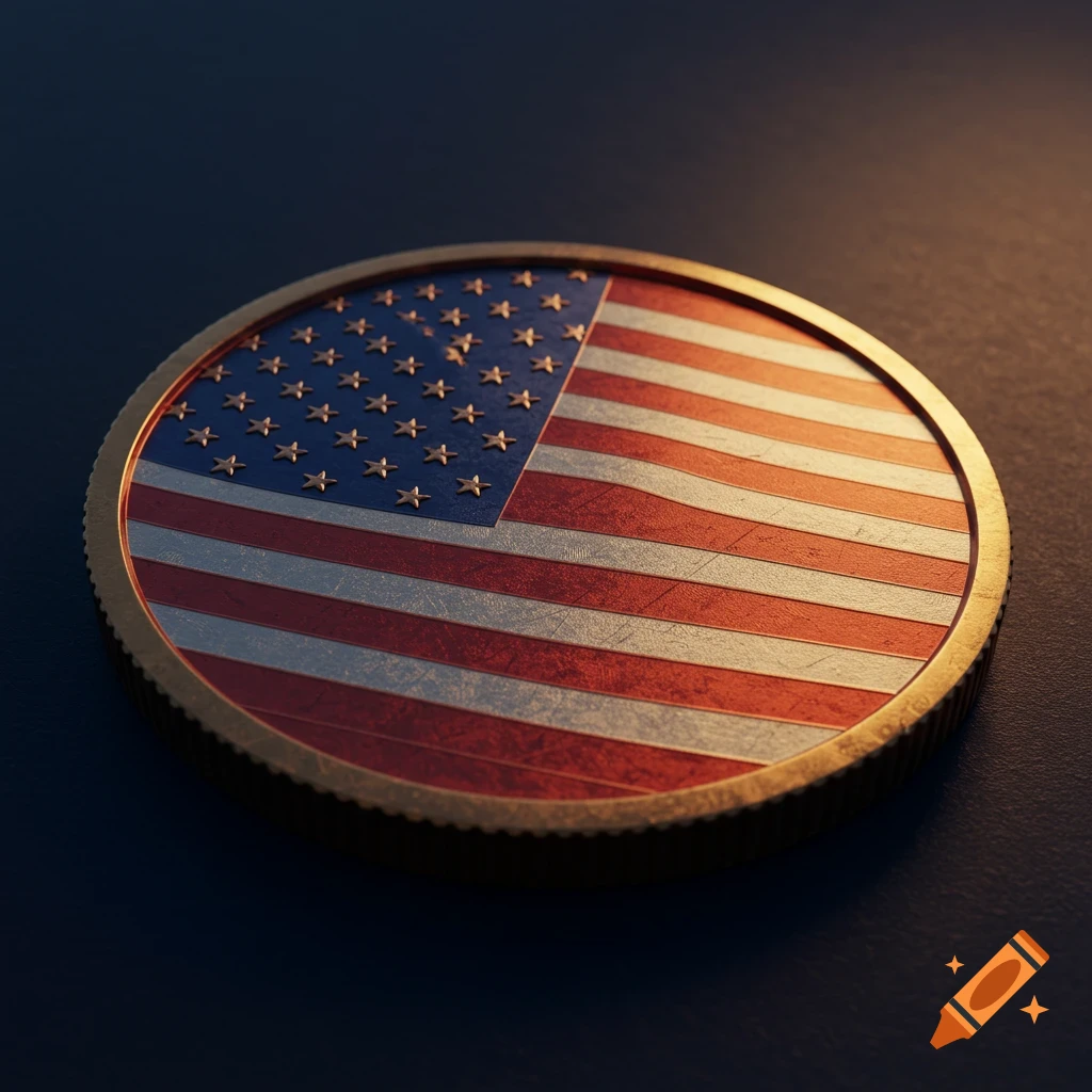 A close-up, photorealistic image of a golden coin featuring the American flag design under warm lighting.