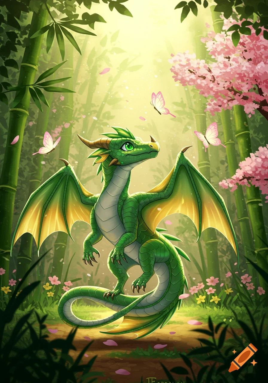 A cute green dragon with golden wings stands in a vibrant bamboo forest, looking up at pink butterflies and cherry blossoms.