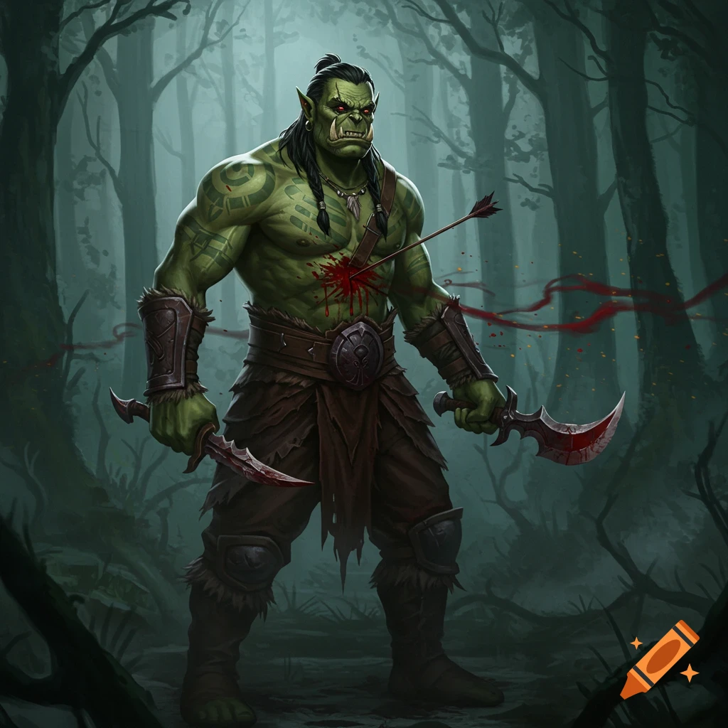A muscular green orc warrior with an arrow in its chest, holding two blood-stained daggers in a dark forest.
