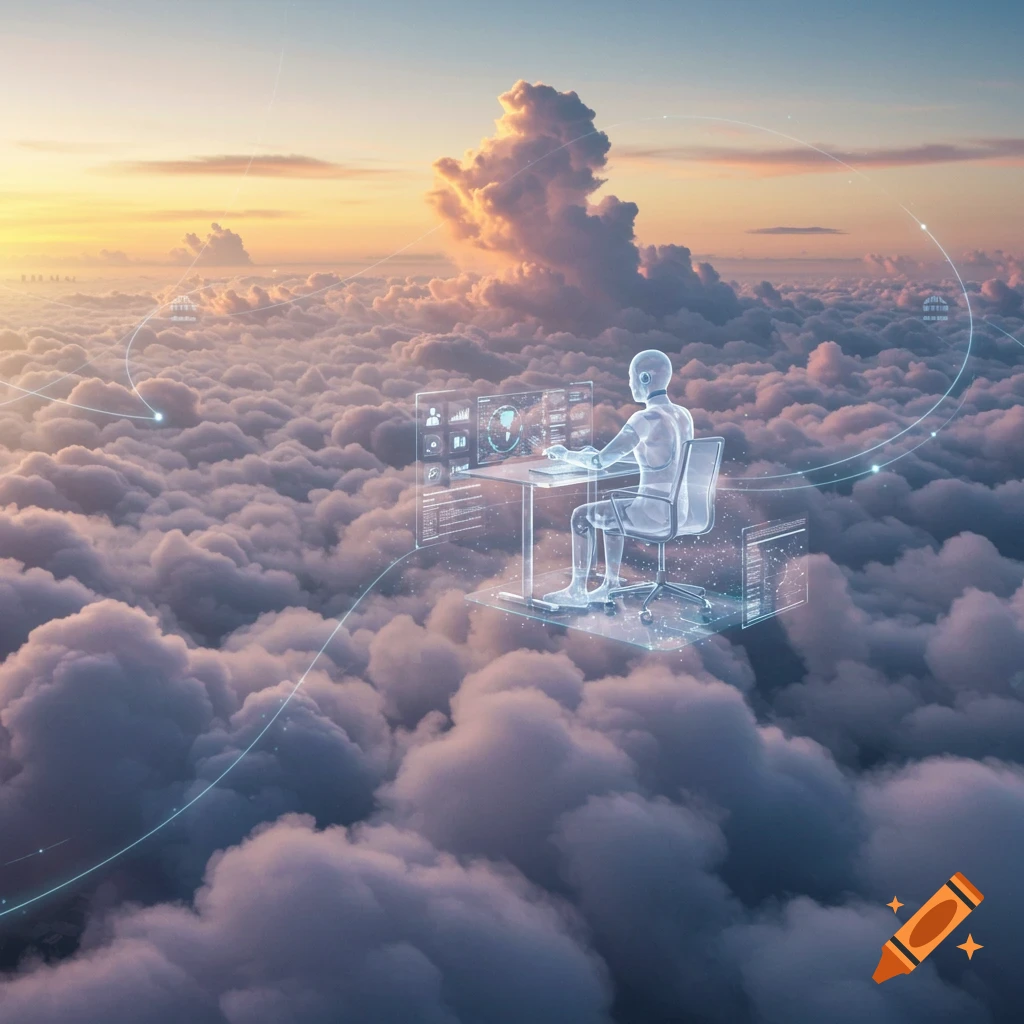 A translucent figure works at a desk with holographic screens floating above clouds at sunset, representing cloud computing.