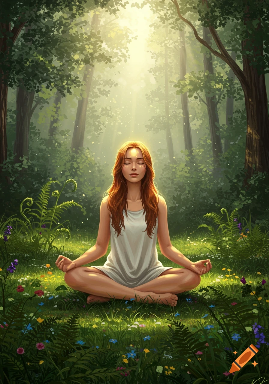 A young woman with long red hair meditates cross-legged in a sunlit, vibrant green forest with wildflowers.