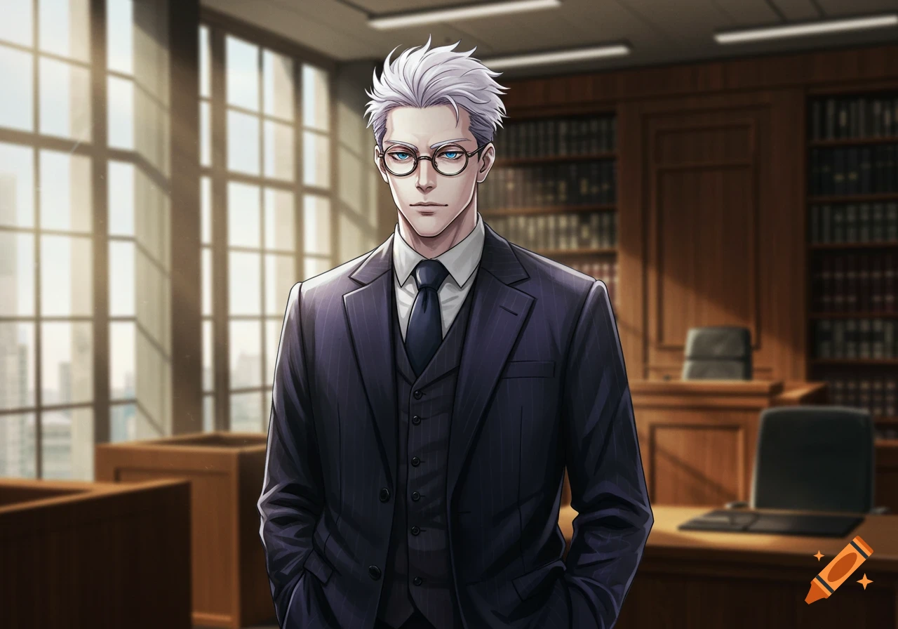 An anime-style man with white hair and glasses, wearing a dark pinstripe suit, stands in a courtroom.