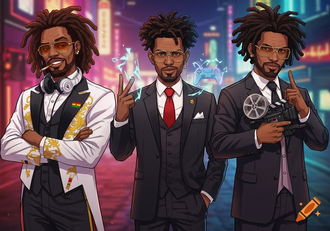 Anime-style illustration of three Black men with dreadlocks in suits against a neon city background.