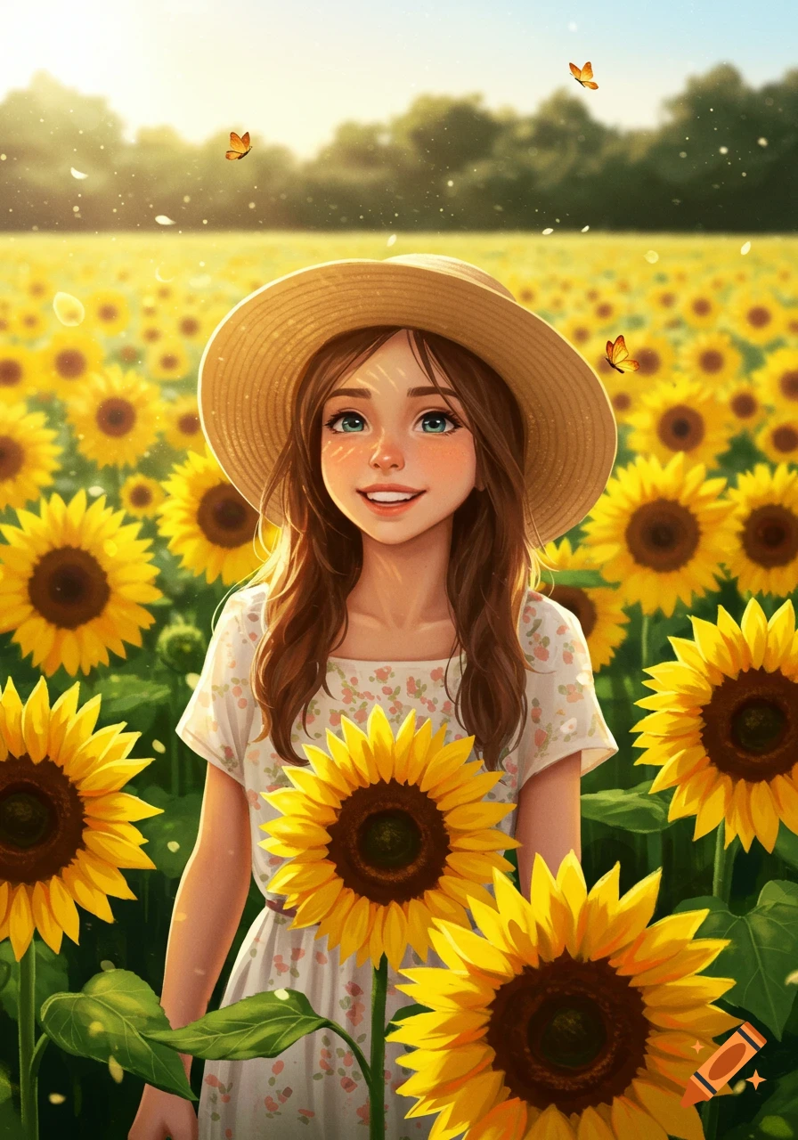 An illustration of a young girl with brown hair and a straw hat smiling in a sunlit field of sunflowers with butterflies.