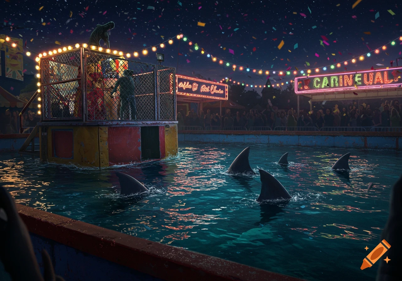A night carnival scene featuring a dunk tank with shark fins visible in the water and confetti falling from the sky.
