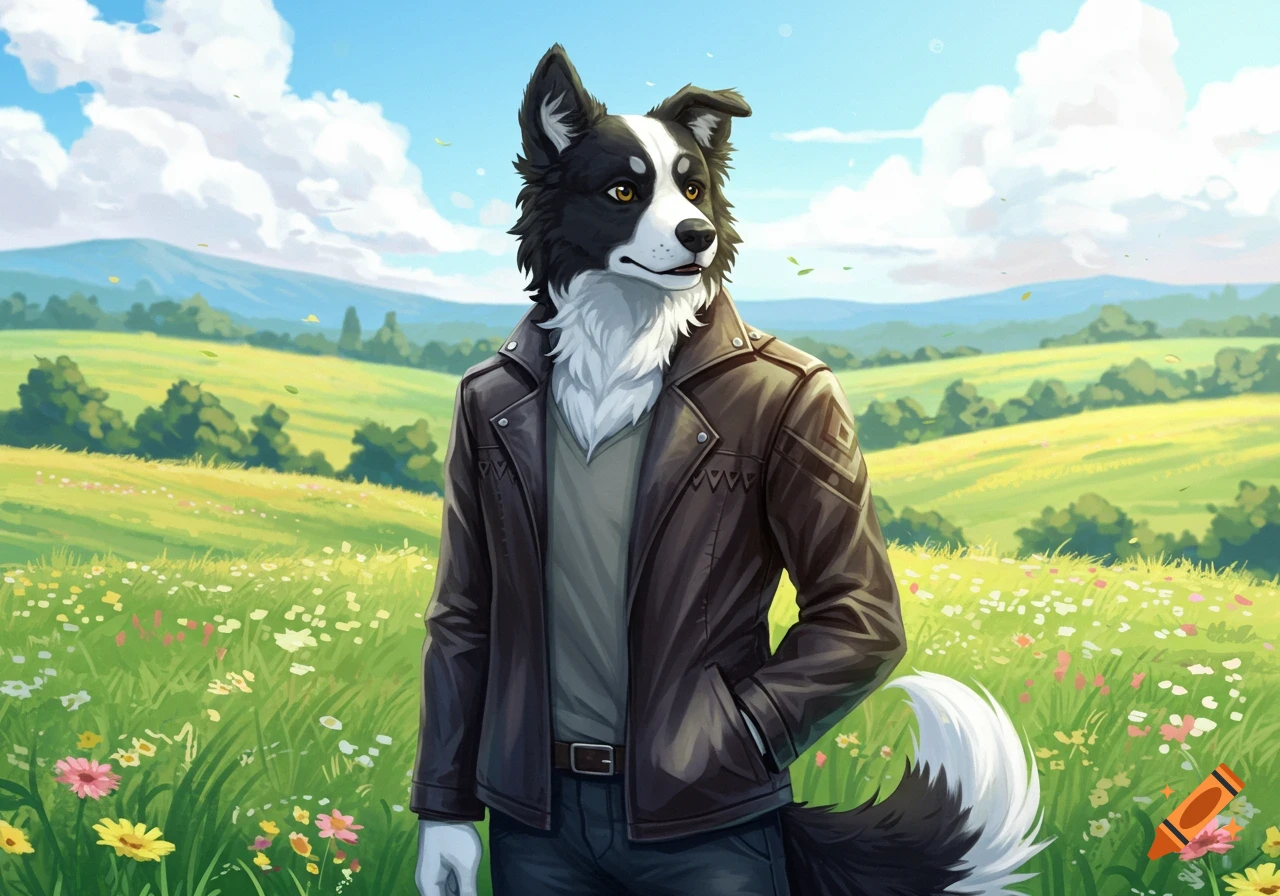 A male Border Collie furry character wearing a leather jacket stands in a vibrant green field with wildflowers under a blue sky.