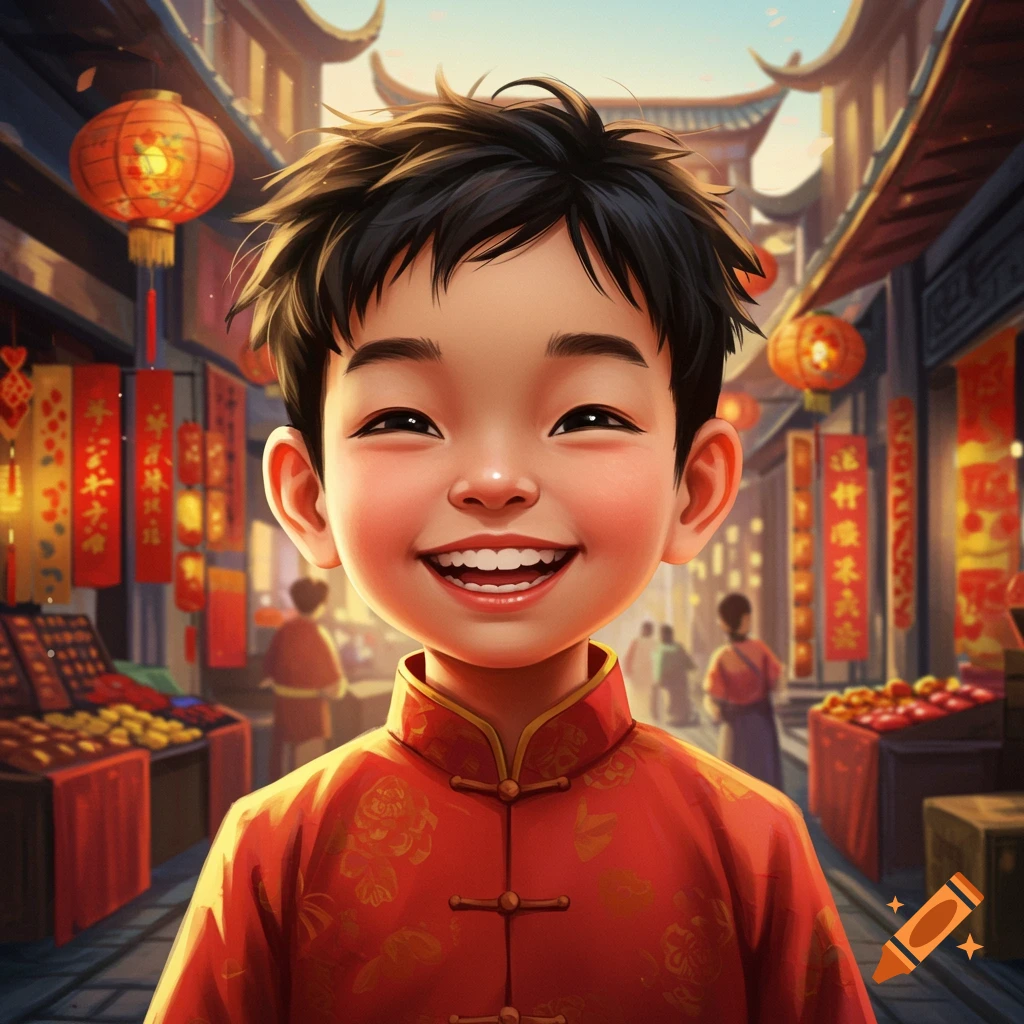 A young Chinese boy with black hair and a red traditional outfit smiles broadly in a bustling market with red lanterns.