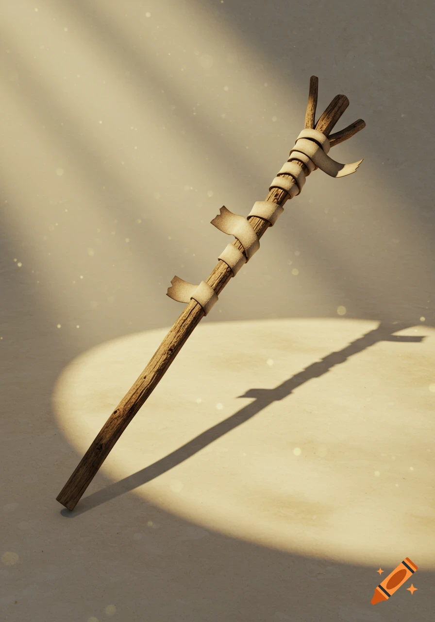 A rustic wooden stick wrapped with beige strips, standing on a light, textured surface with a spotlight and shadow.