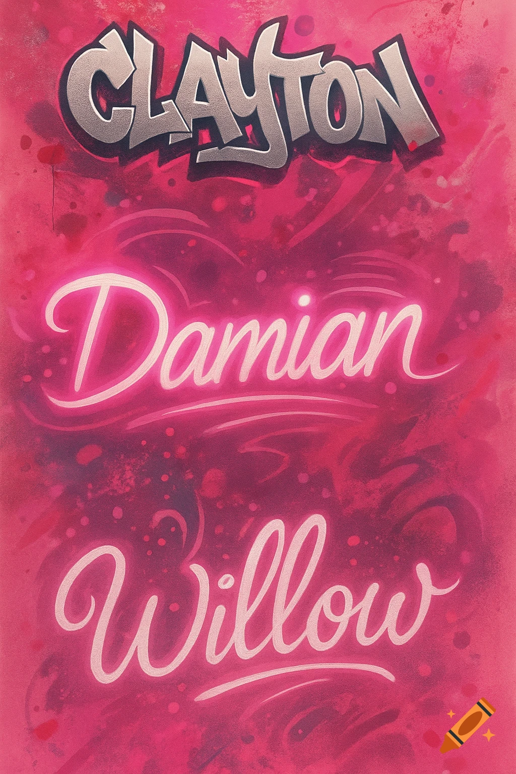 Pink background with the names Clayton, Damian, and Willow in graffiti and glowing cursive styles.