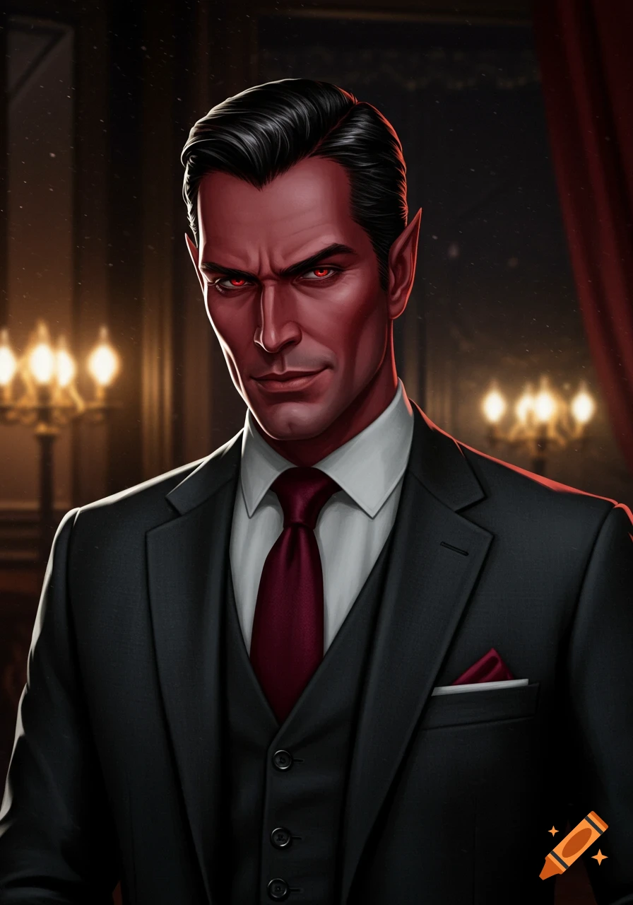 Close-up portrait of a red-skinned, black-haired character with pointed ears and red eyes, wearing a dark suit and red tie.