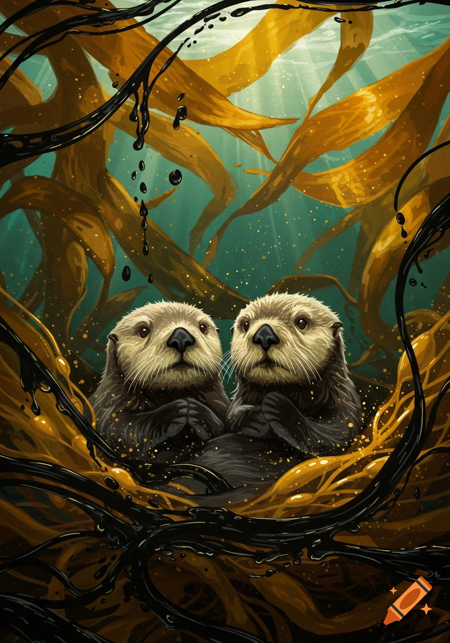 Two sea otters emerge from a dark oil spill amidst golden kelp, with light rays piercing the blue-green water.