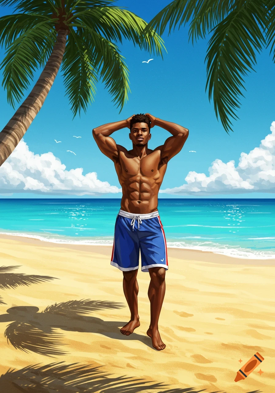 A muscular man in blue swim trunks stands on a sunny beach with palm trees and ocean, illustrated in a vibrant style.