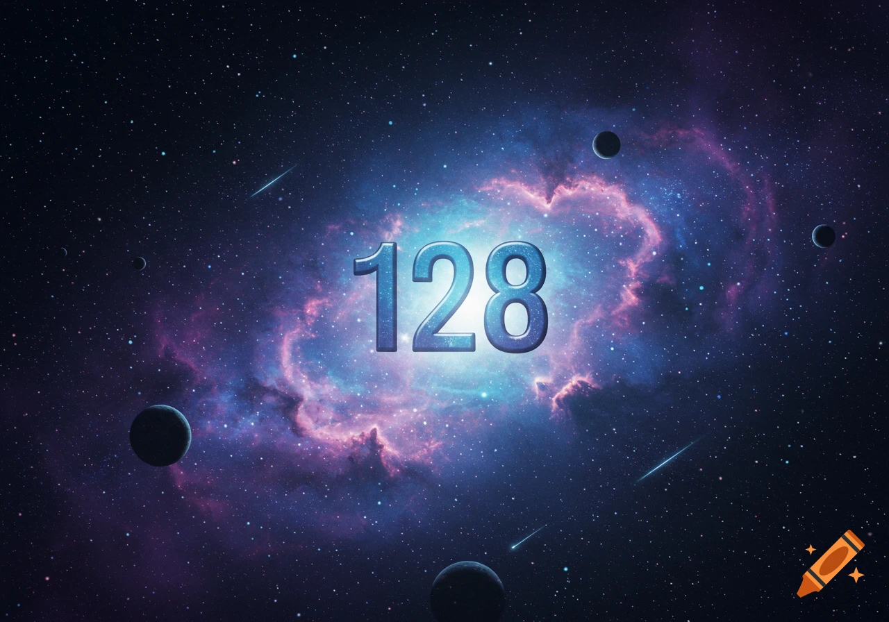 The number 128 floats prominently in the center of a vibrant purple and blue nebula in deep space, surrounded by stars and several dark planets.