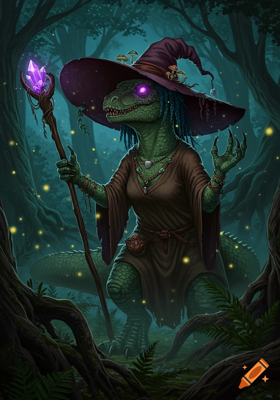 A green reptilian witch in a purple hat holds a glowing crystal staff in a dark, magical forest with fireflies.