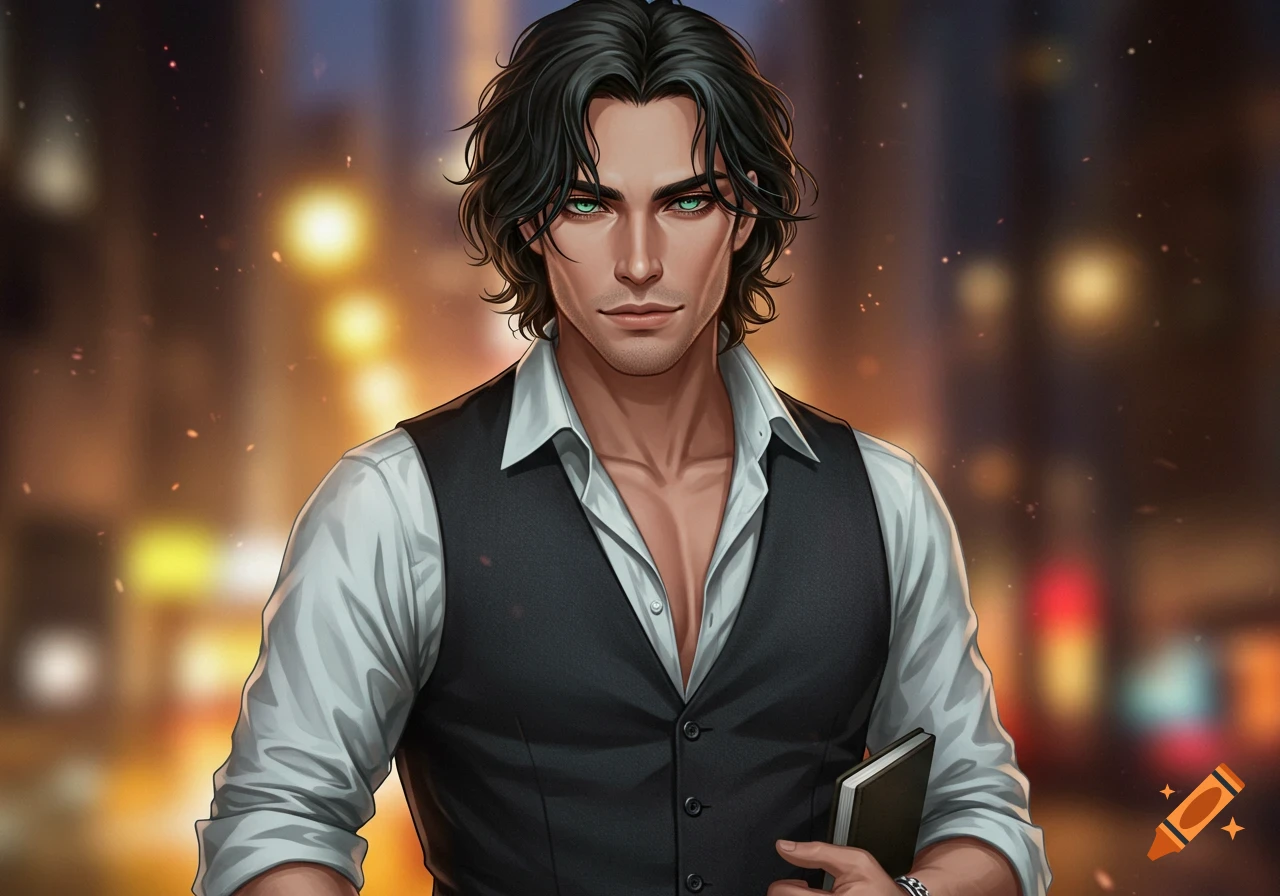 An illustrated male character with dark wavy hair and green eyes, wearing a white shirt and black vest, holding a book, with a blurred city lights background.