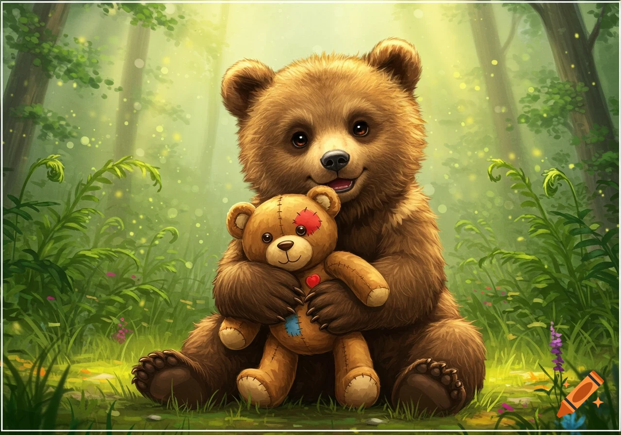 A cute brown bear sits in a whimsical forest, hugging a small teddy bear with colorful patches. Detailed illustration style.