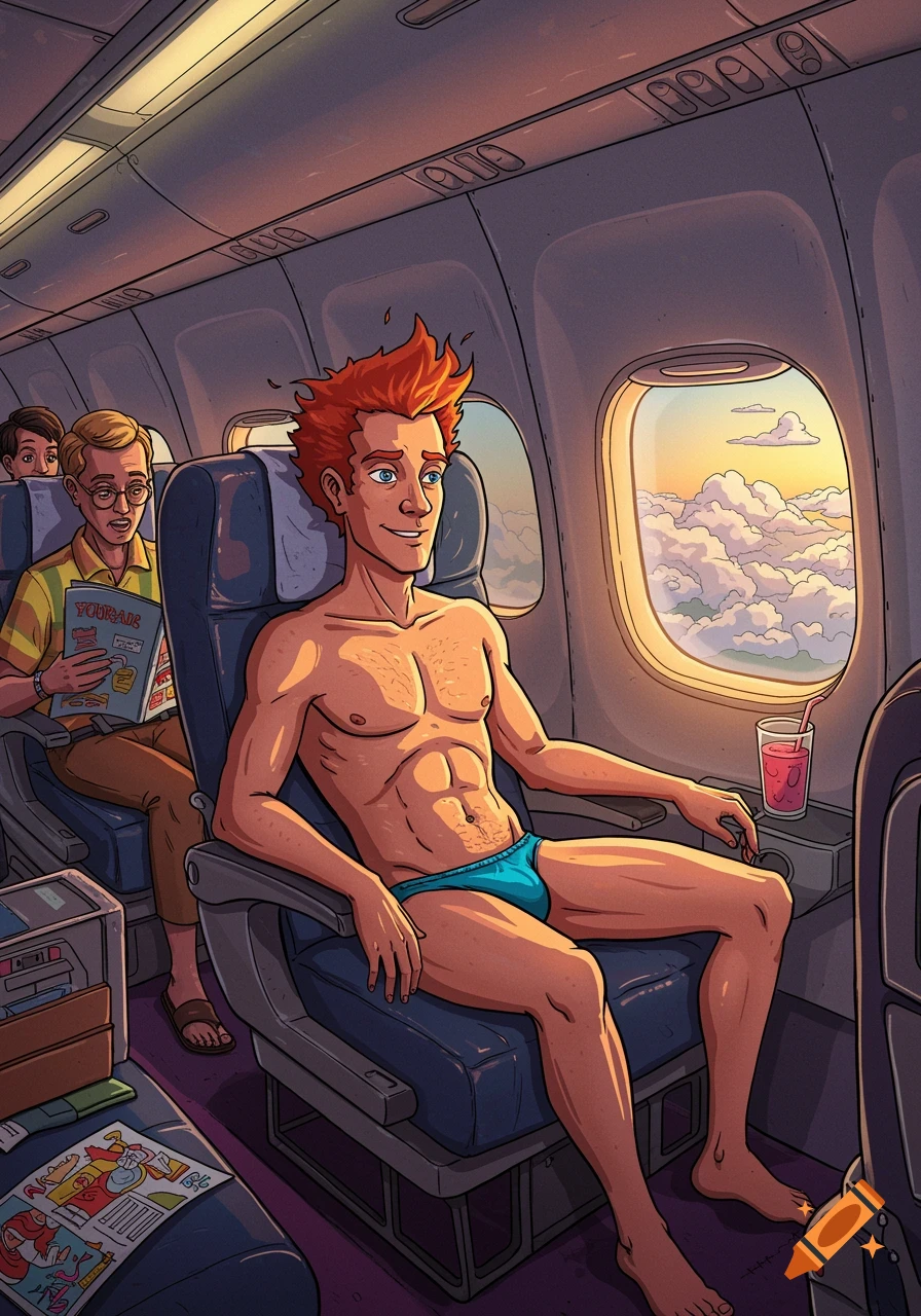 Cartoon illustration of a shirtless man with red hair wearing a blue speedo on an airplane, looking out the window at clouds.