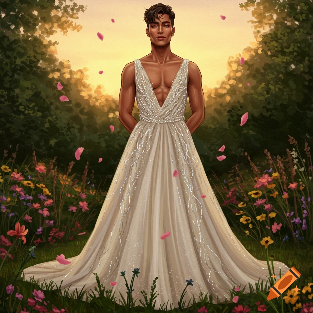 Illustrated man with a muscular torso in a sparkling white dress standing in a vibrant flower garden with falling petals at sunset.