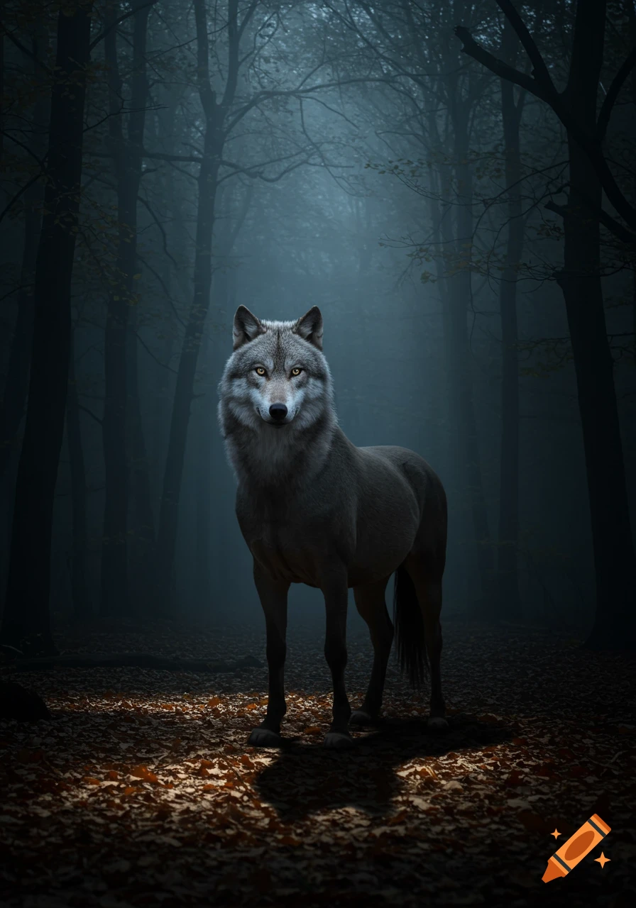 A photorealistic gray wolf stands in a dark, misty forest, illuminated by a beam of light on autumn leaves.