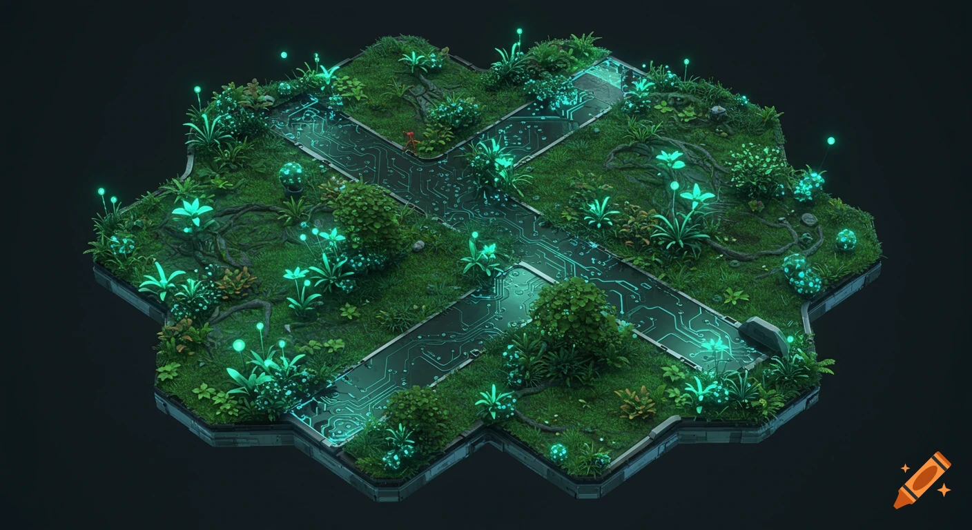 An isometric view of a hexagon-shaped 'enchanted tech garden' game tile with glowing teal circuitry paths and lush green plants.
